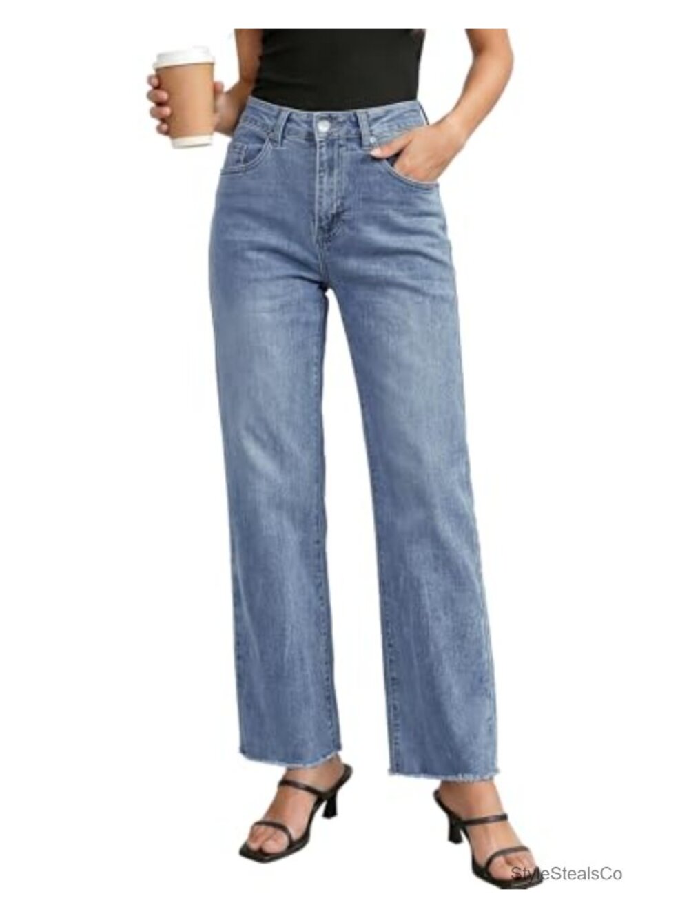 High Waisted Straight Leg Jeans Frayed Raw Hem Stretchy Denim Pants